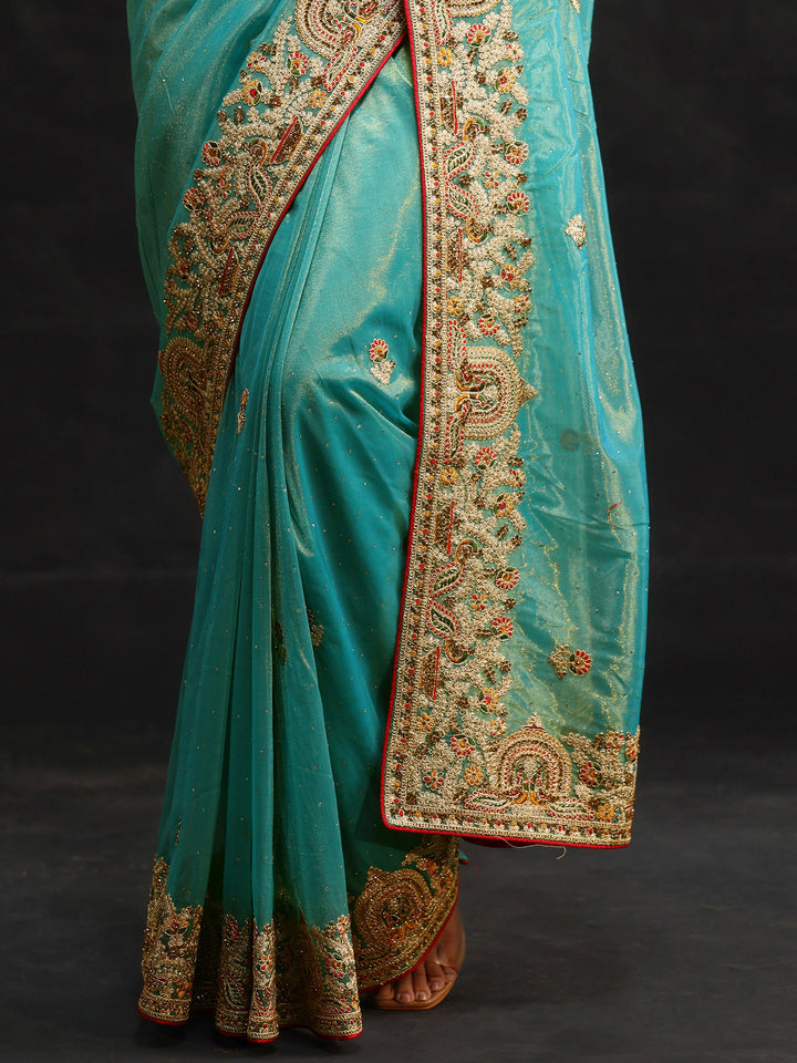 Libas Aqua Blue Floral Embroidered Net Saree