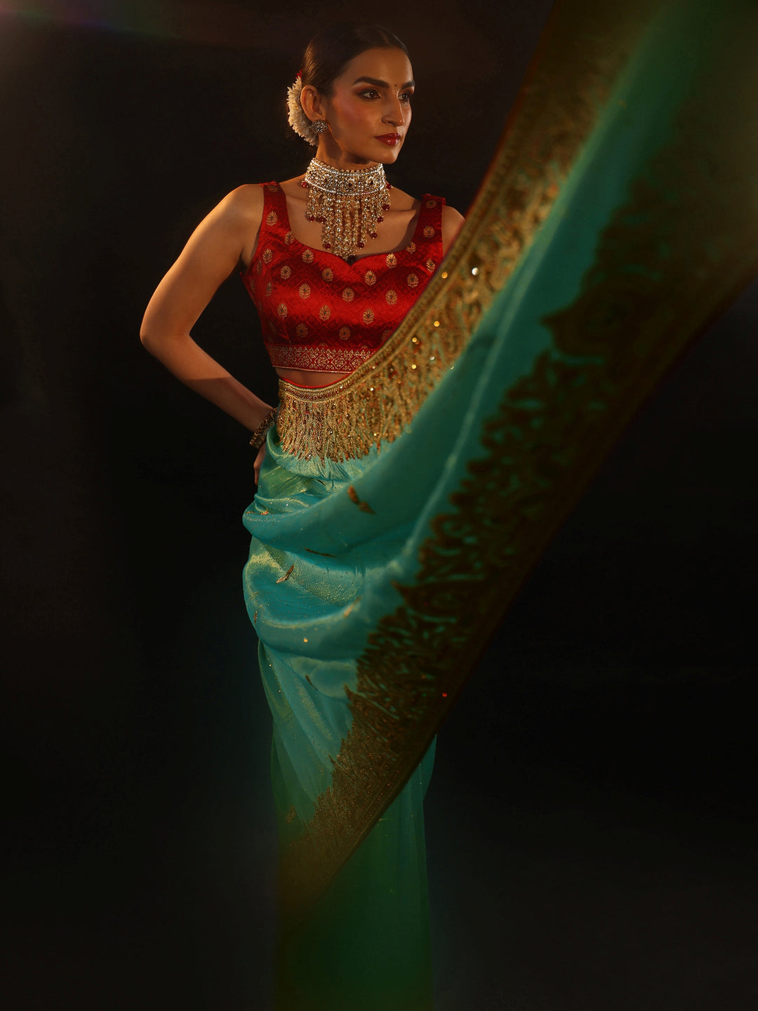 Libas Aqua Blue Floral Embroidered Net Saree