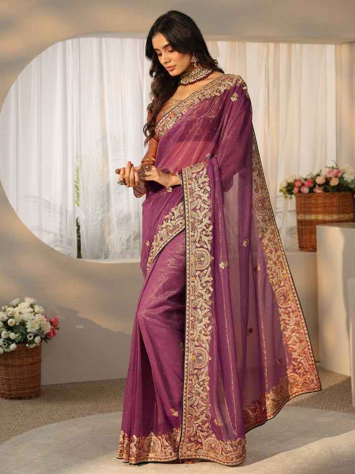 Libas Plum Purple Floral  Embroidered Net Saree