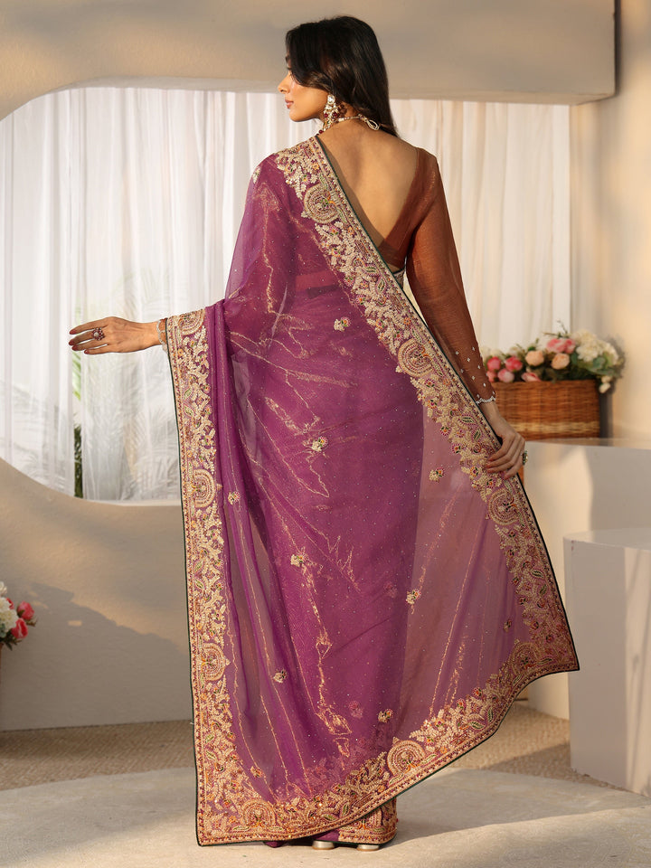 Libas Plum Purple Floral  Embroidered Net Saree