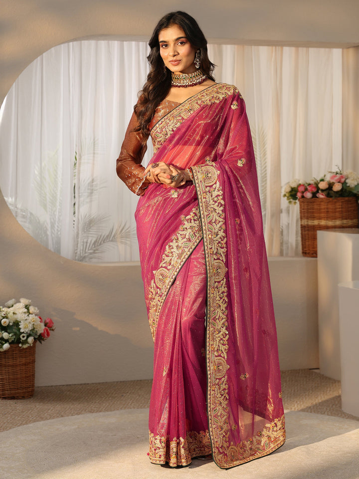 Libas Peach Net Saree with Embroidered Border