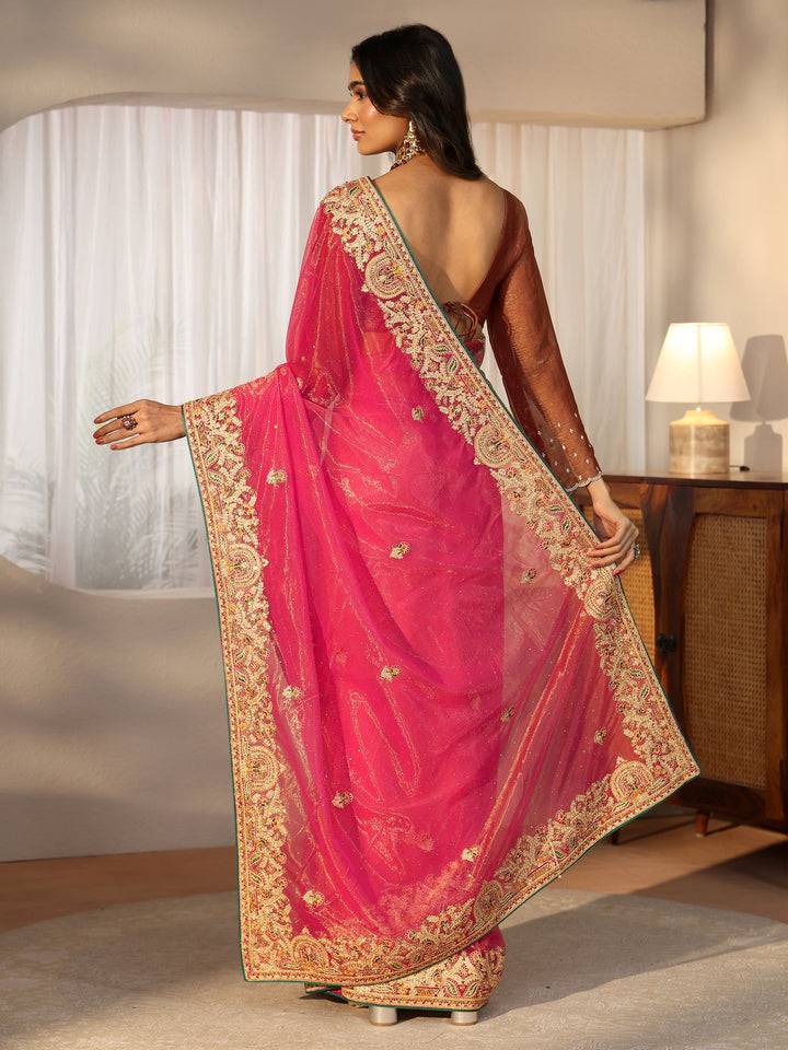 Libas Peach Net Saree with Embroidered Border