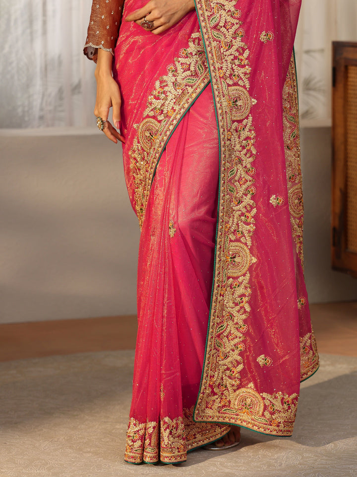 Libas Peach Net Saree with Embroidered Border