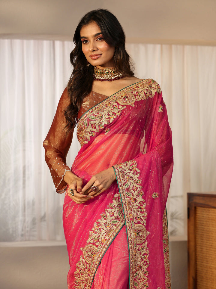 Libas Peach Net Saree with Embroidered Border