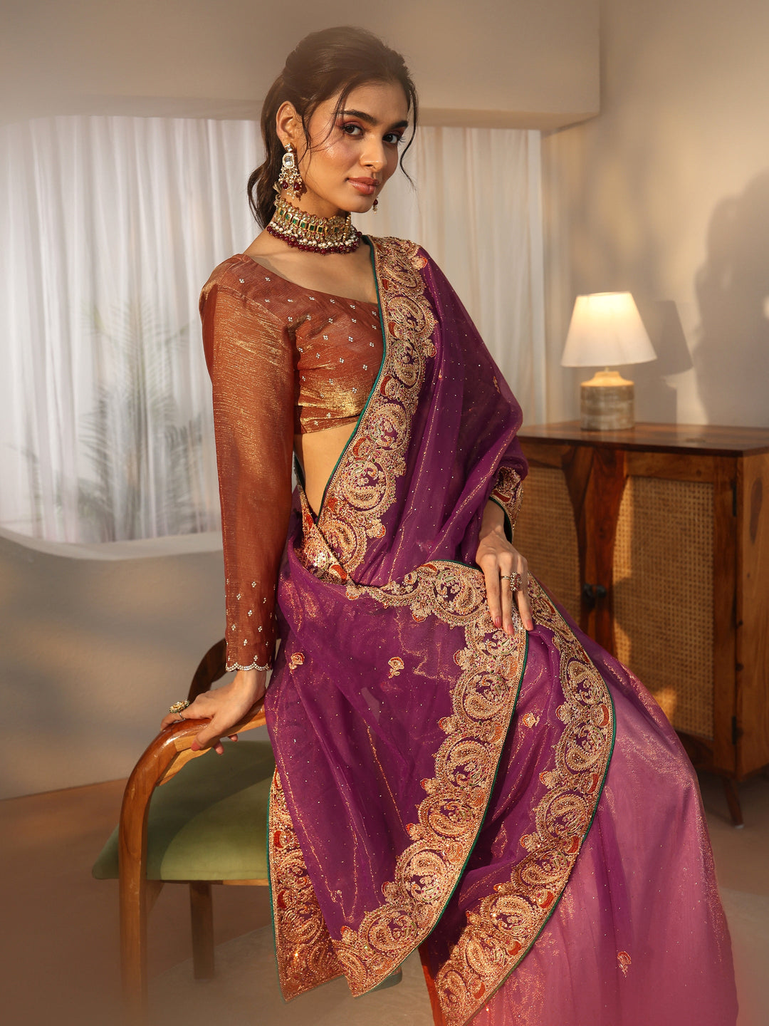 Libas Plum Purple Net Saree with Embellished Paisley Border