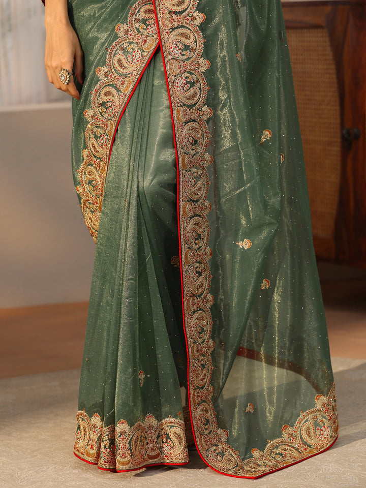 Libas Olive Green Net Saree with Embellished Paisley Border