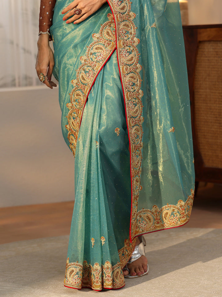Libas Aqua Blue Net Saree with Embellished Paisley Border