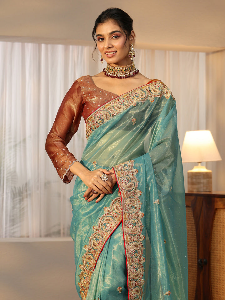 Libas Aqua Blue Net Saree with Embellished Paisley Border