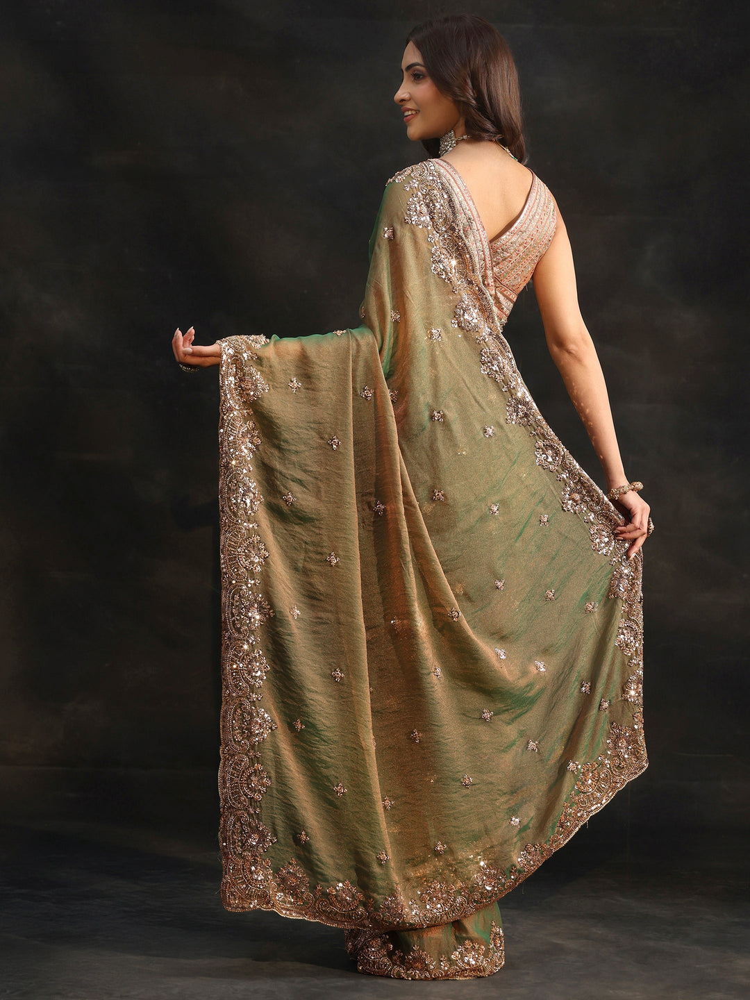Libas Olive Green Sequined Tissue Saree