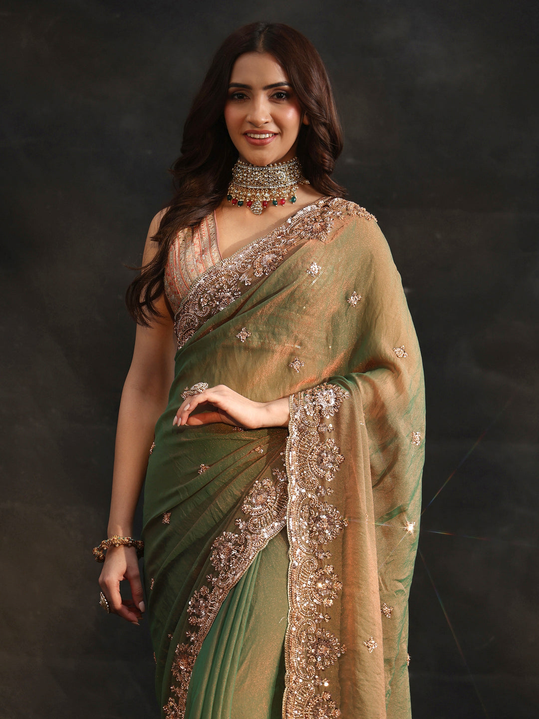 Libas Olive Green Sequined Tissue Saree