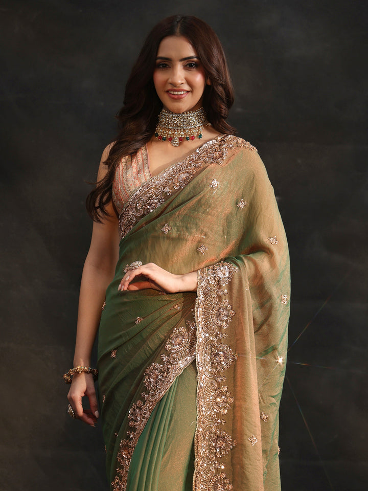 Libas Olive Green Sequined Tissue Saree