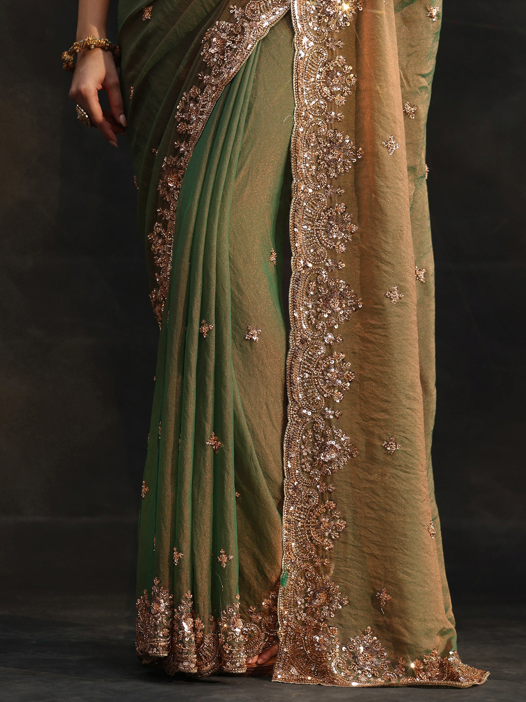Libas Olive Green Sequined Tissue Saree