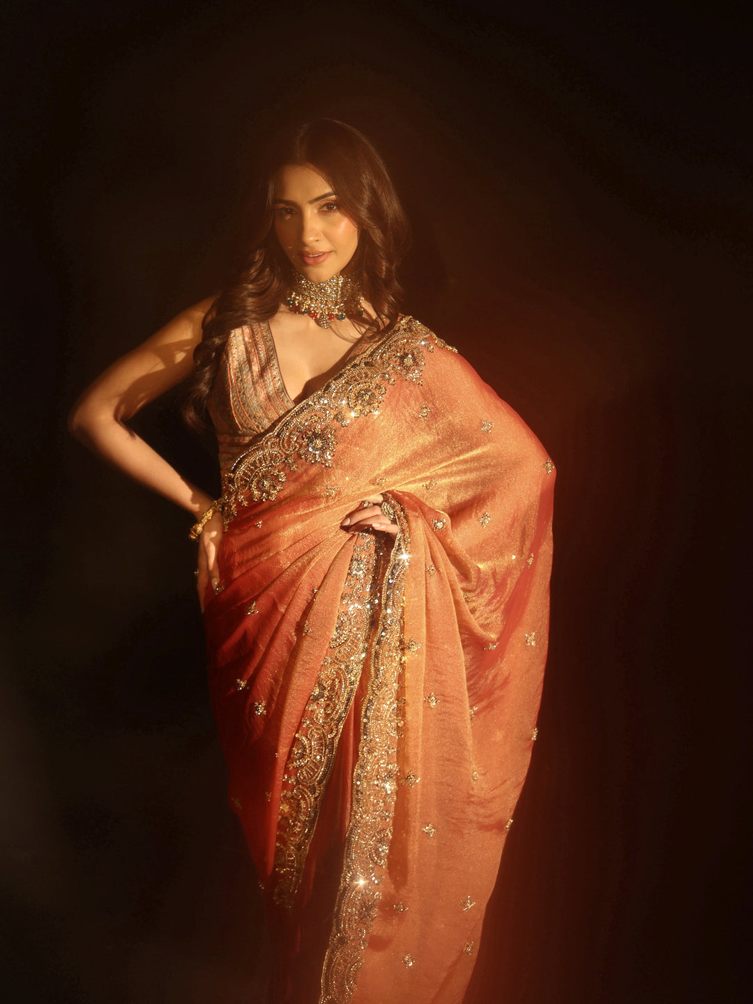 Libas Peach Floral Embellished Tissue Saree