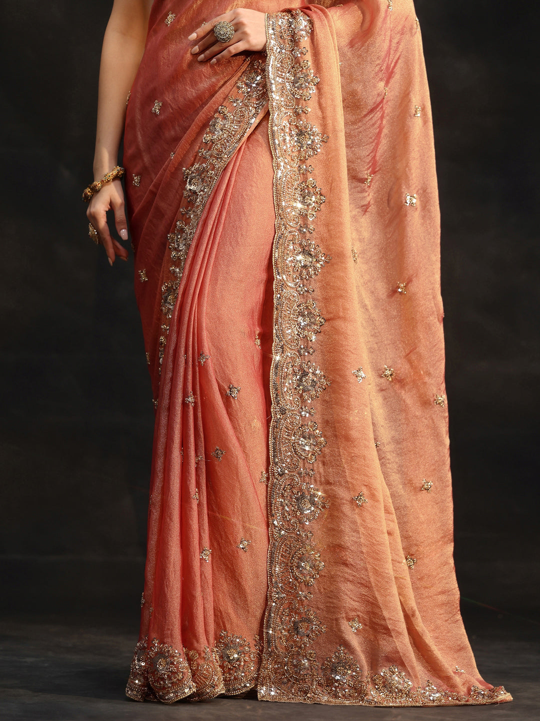 Libas Peach Floral Embellished Tissue Saree