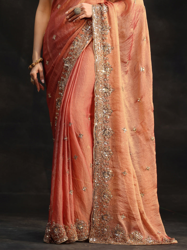 Libas Peach Floral Embellished Tissue Saree