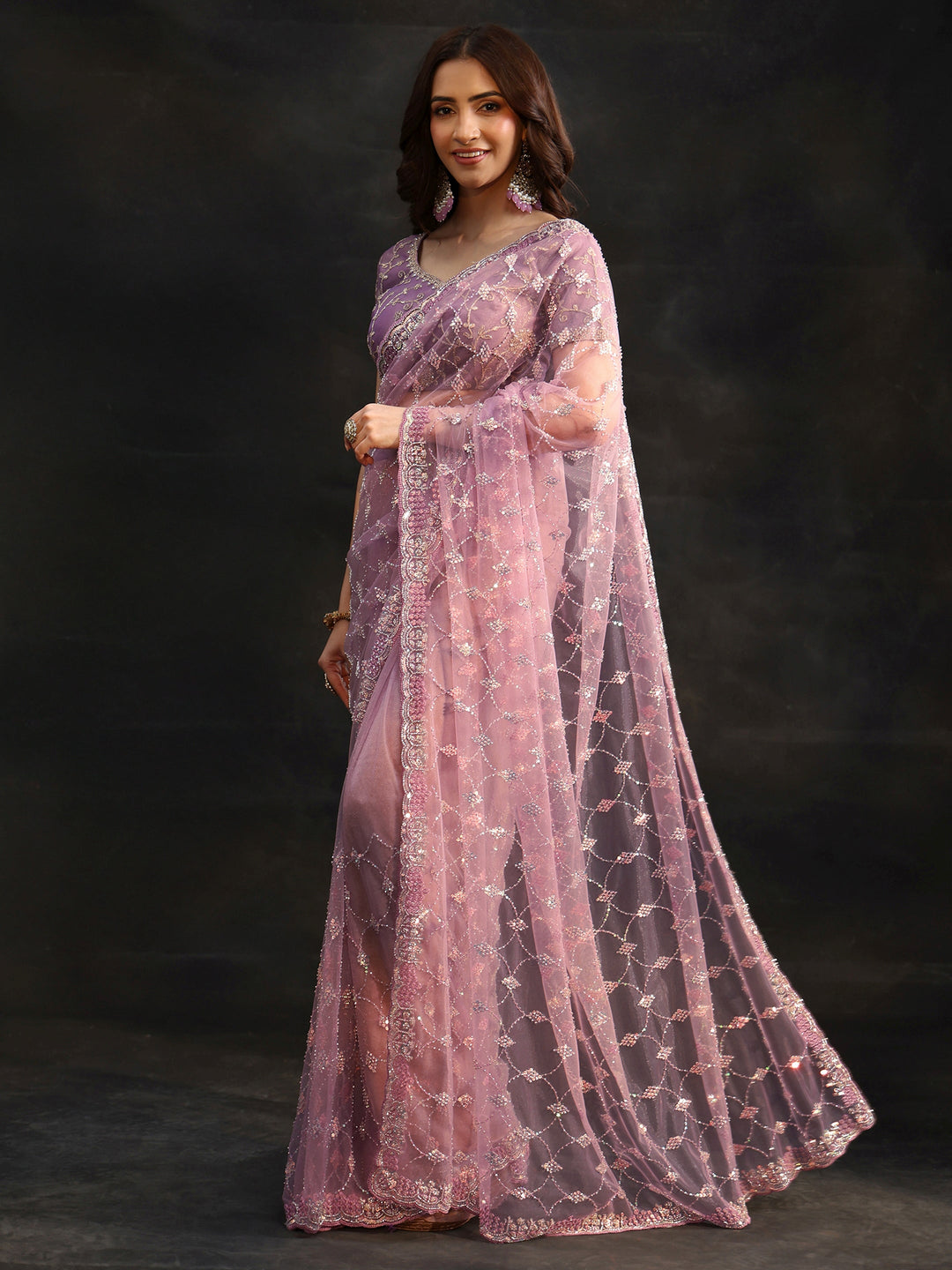 Libas Lavender Stone Embellished Net Saree