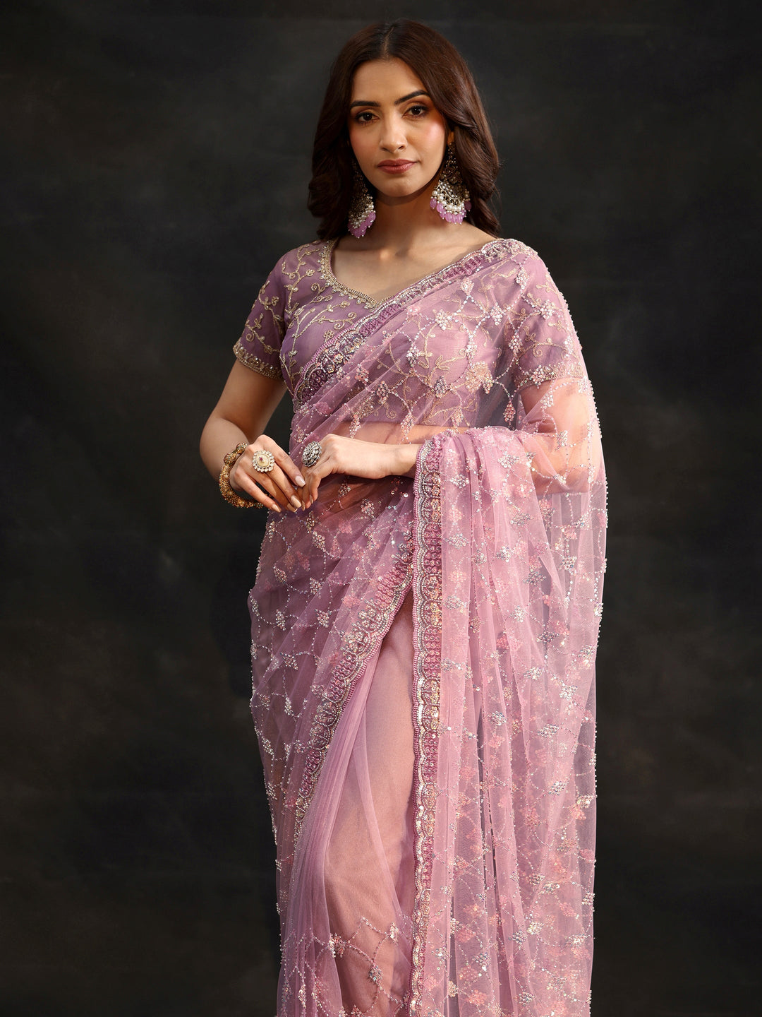 Libas Lavender Stone Embellished Net Saree