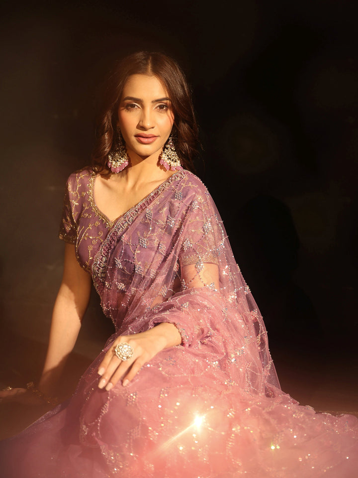 Libas Lavender Stone Embellished Net Saree