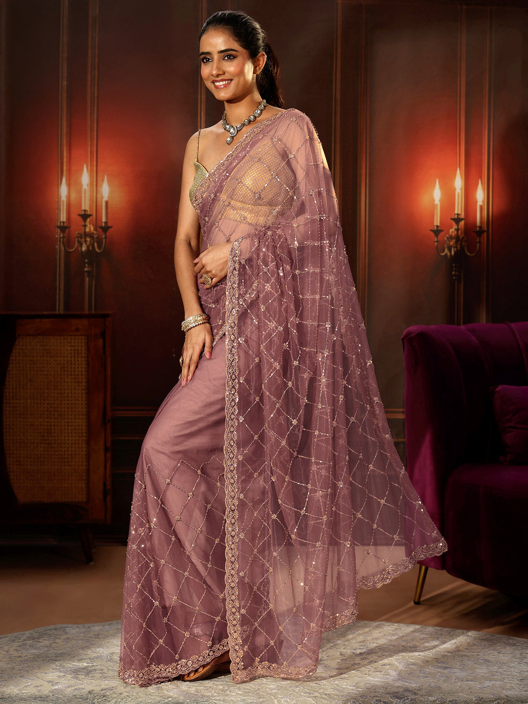 Libas Mauve Embellished Jaal Work Net Saree