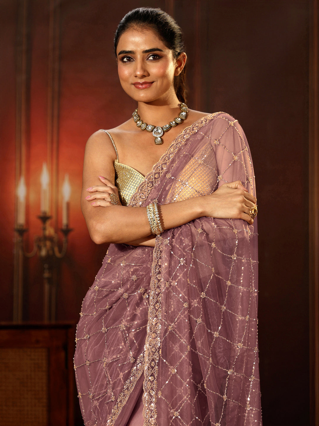 Libas Mauve Embellished Jaal Work Net Saree