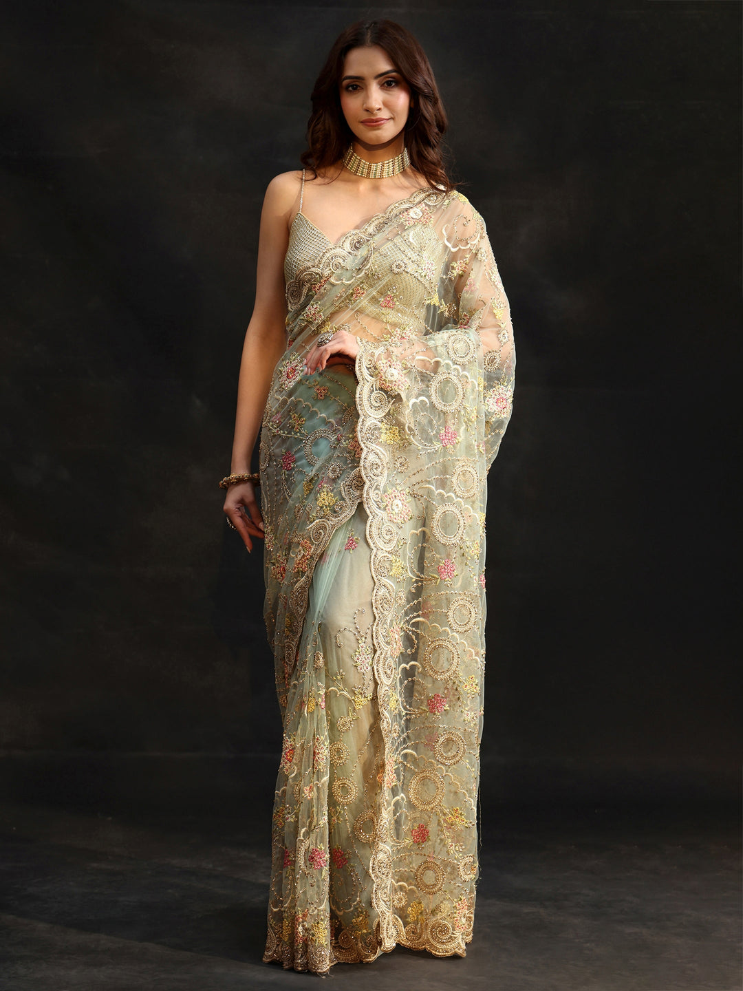 Libas Periwinkle Blue Floral Embroidered Net Saree