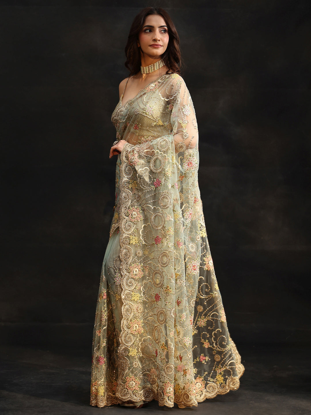 Libas Periwinkle Blue Floral Embroidered Net Saree