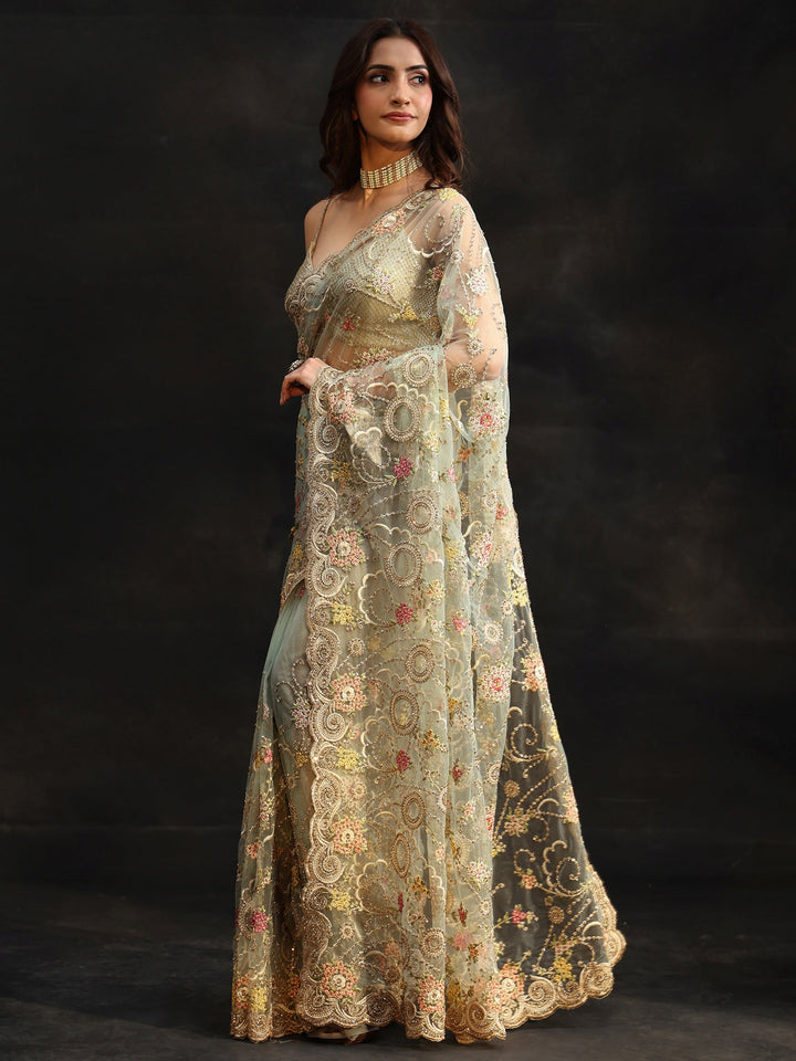 Libas Periwinkle Blue Floral Embroidered Net Saree