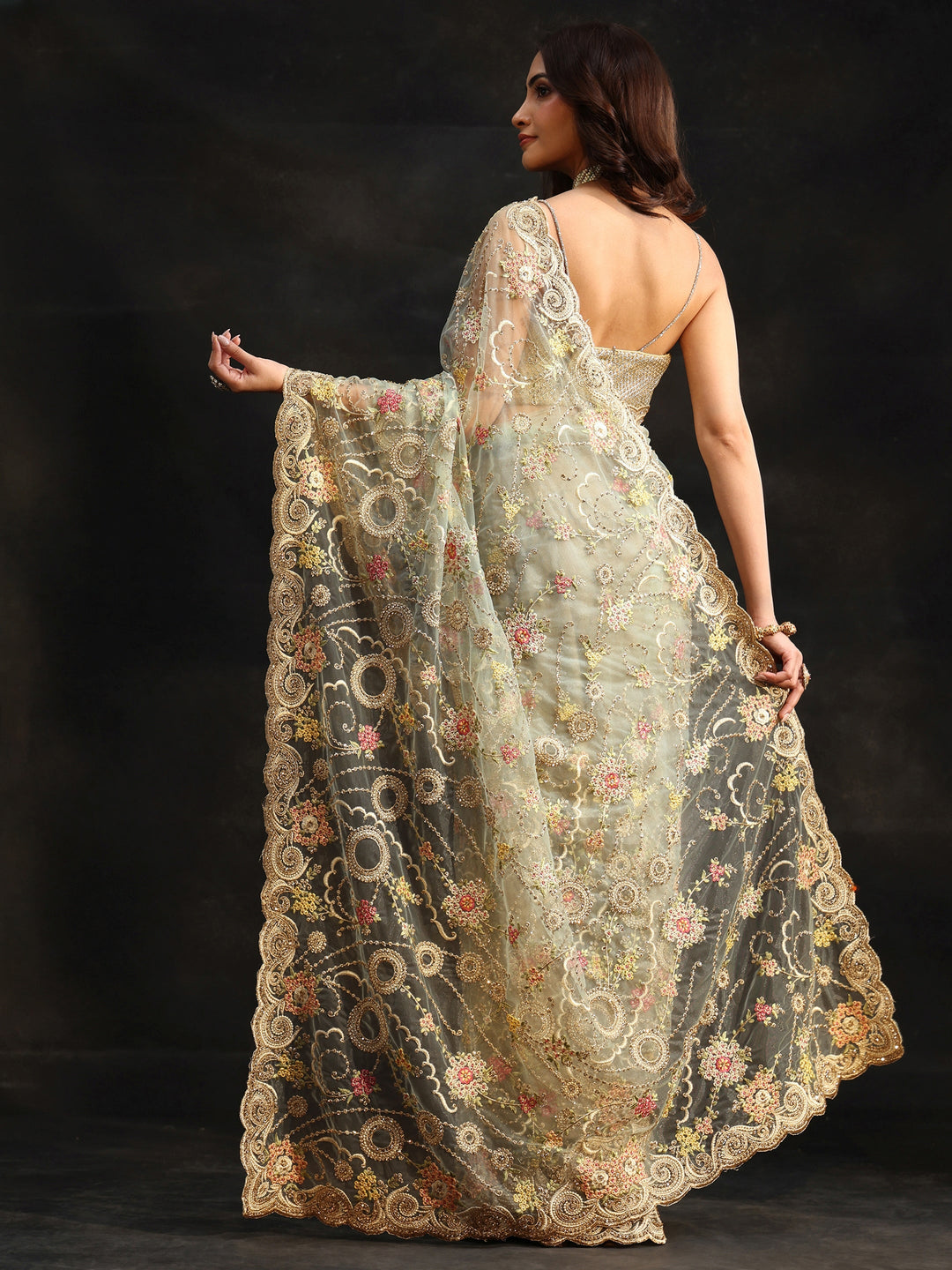 Libas Periwinkle Blue Floral Embroidered Net Saree