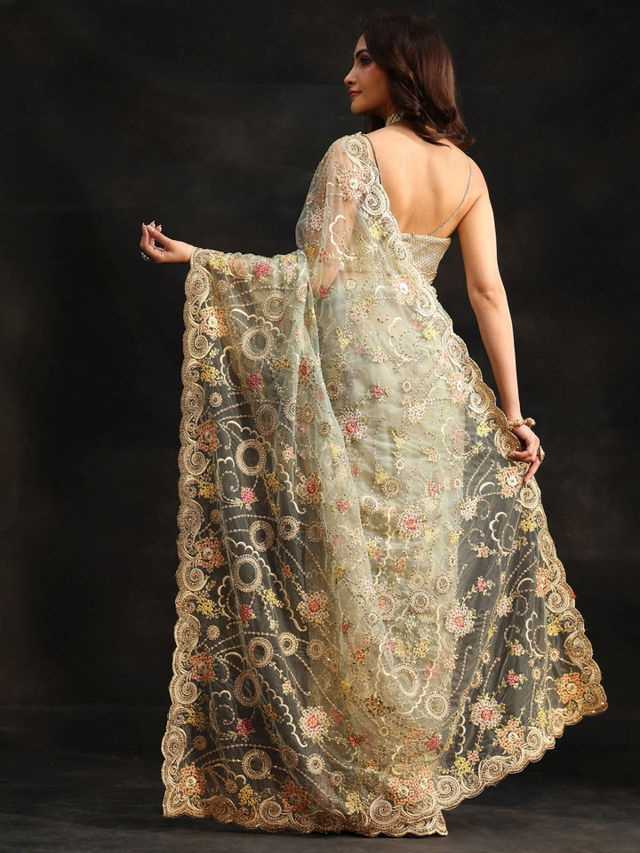 Libas Periwinkle Blue Floral Embroidered Net Saree