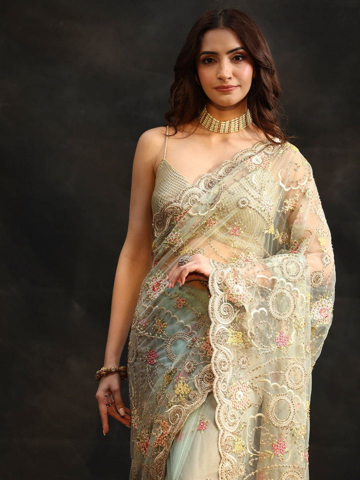 Libas Periwinkle Blue Floral Embroidered Net Saree