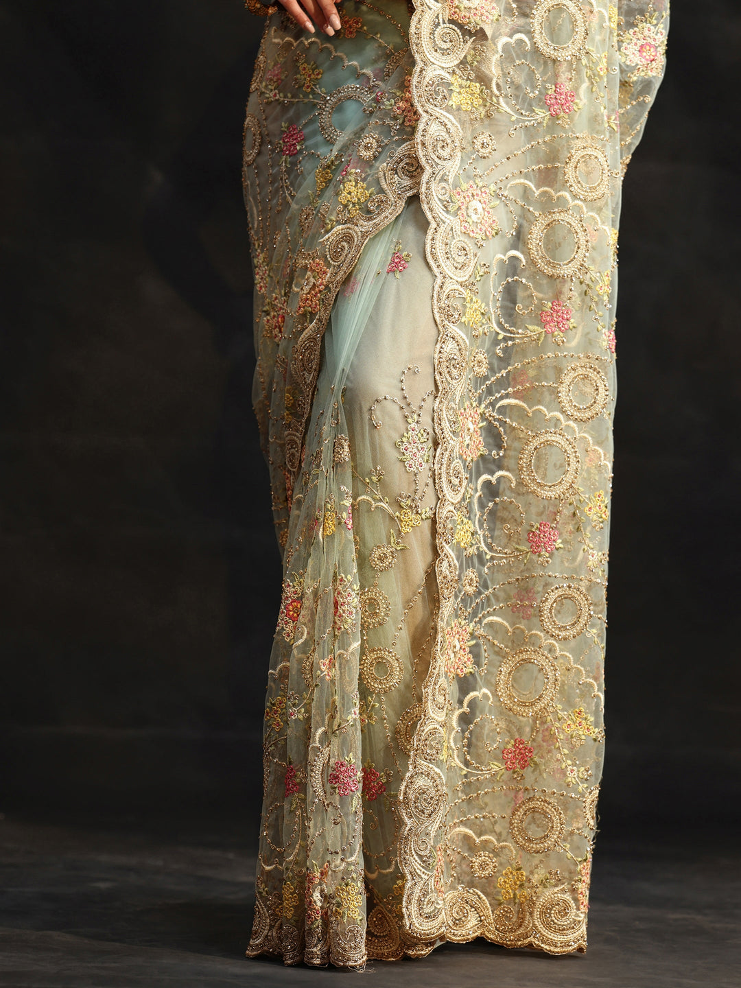 Libas Periwinkle Blue Floral Embroidered Net Saree