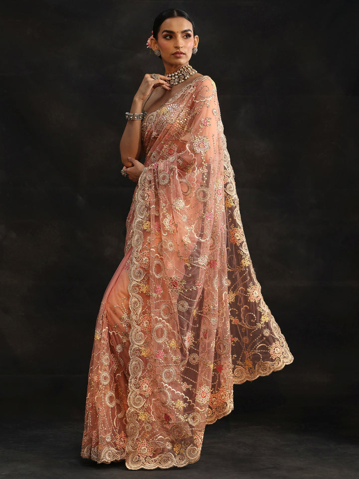 Libas Peach Floral Embroidered Net Saree