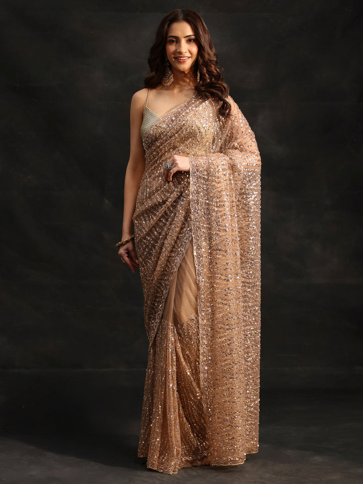 Libas Gold Bead and Sequin Embellished Net Saree