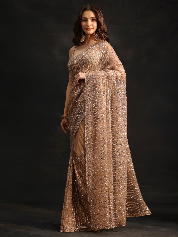 Libas Gold Bead and Sequin Embellished Net Saree