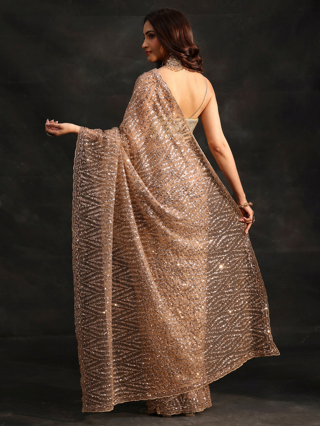 Libas Gold Bead and Sequin Embellished Net Saree