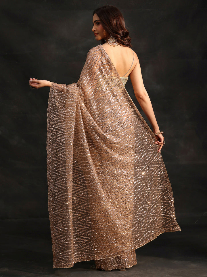 Libas Gold Bead and Sequin Embellished Net Saree