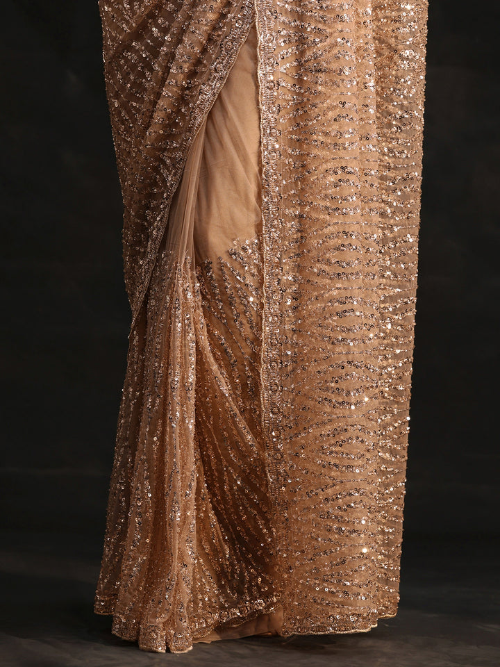 Libas Gold Bead and Sequin Embellished Net Saree