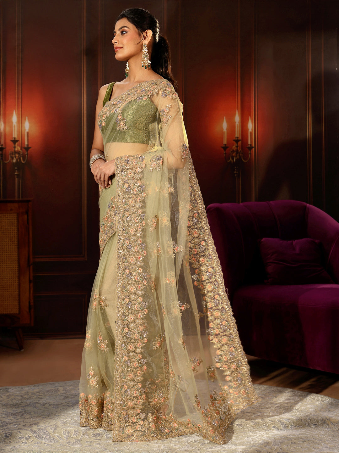Libas Pista Green Floral Embroidered Net Saree