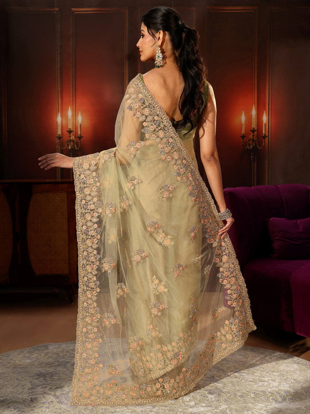 Libas Pista Green Floral Embroidered Net Saree