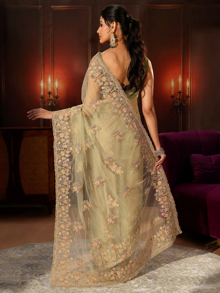 Libas Pista Green Floral Embroidered Net Saree
