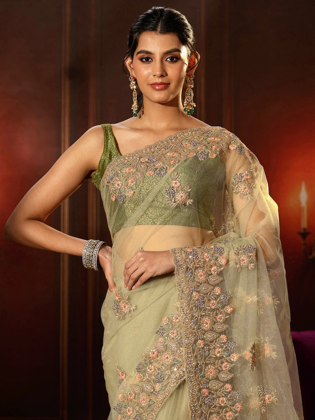 Libas Pista Green Floral Embroidered Net Saree