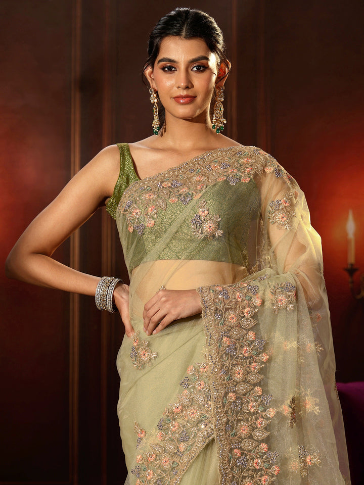 Libas Pista Green Floral Embroidered Net Saree