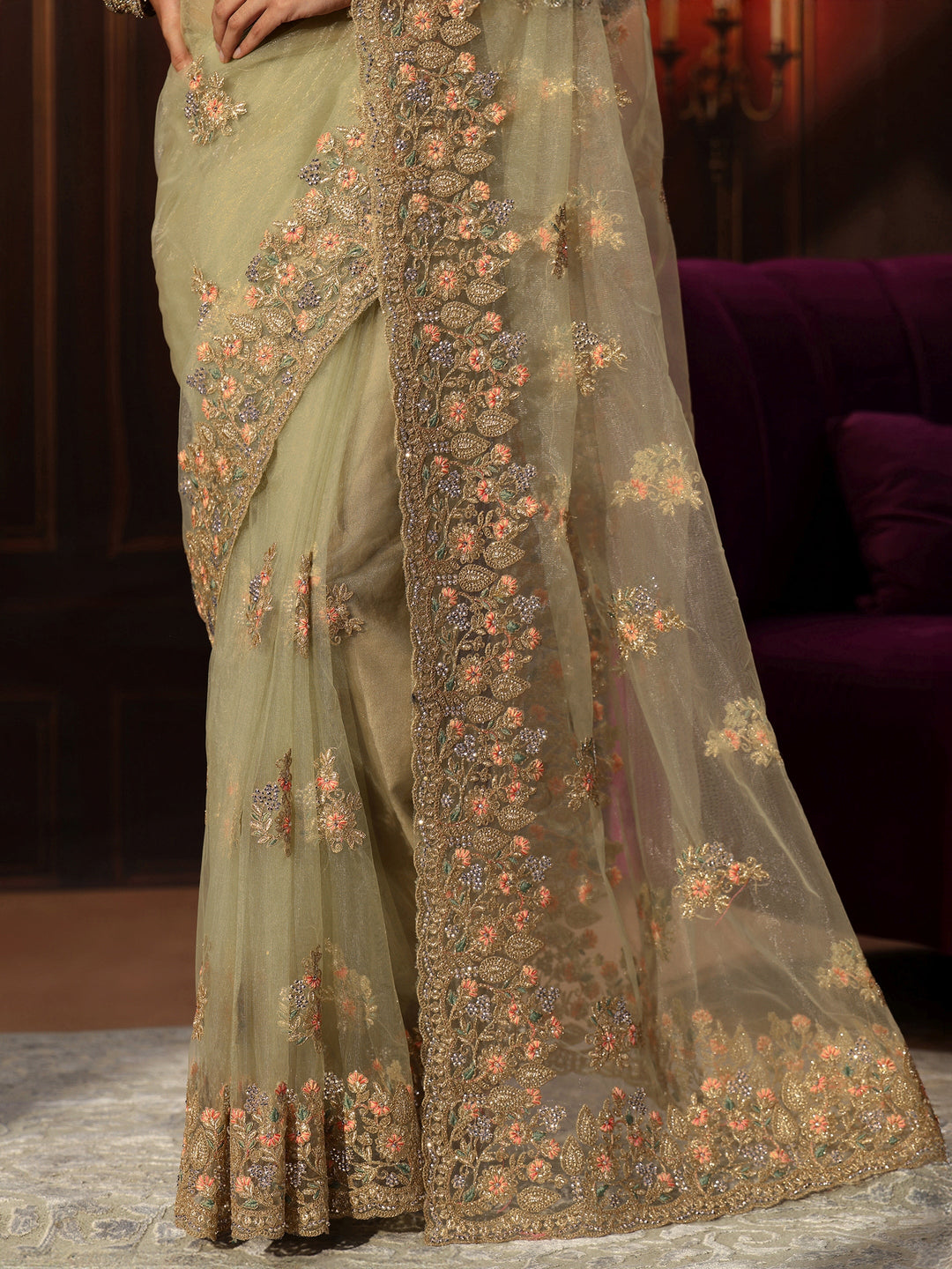 Libas Pista Green Floral Embroidered Net Saree