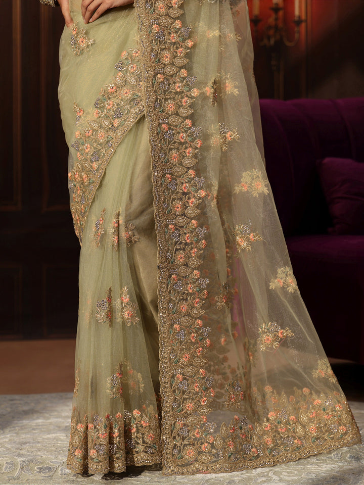 Libas Pista Green Floral Embroidered Net Saree