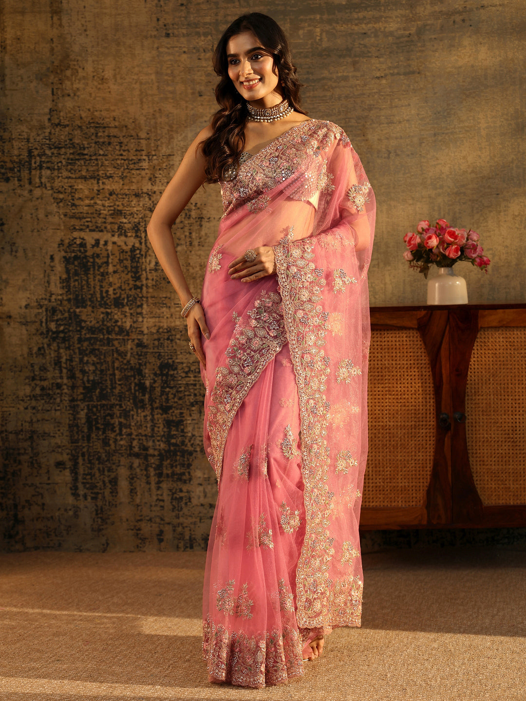 Libas Baby Pink Floral Embroidered Net Saree