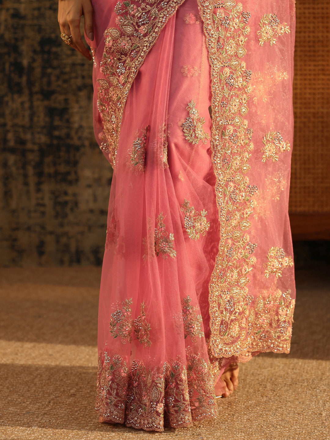 Libas Baby Pink Floral Embroidered Net Saree