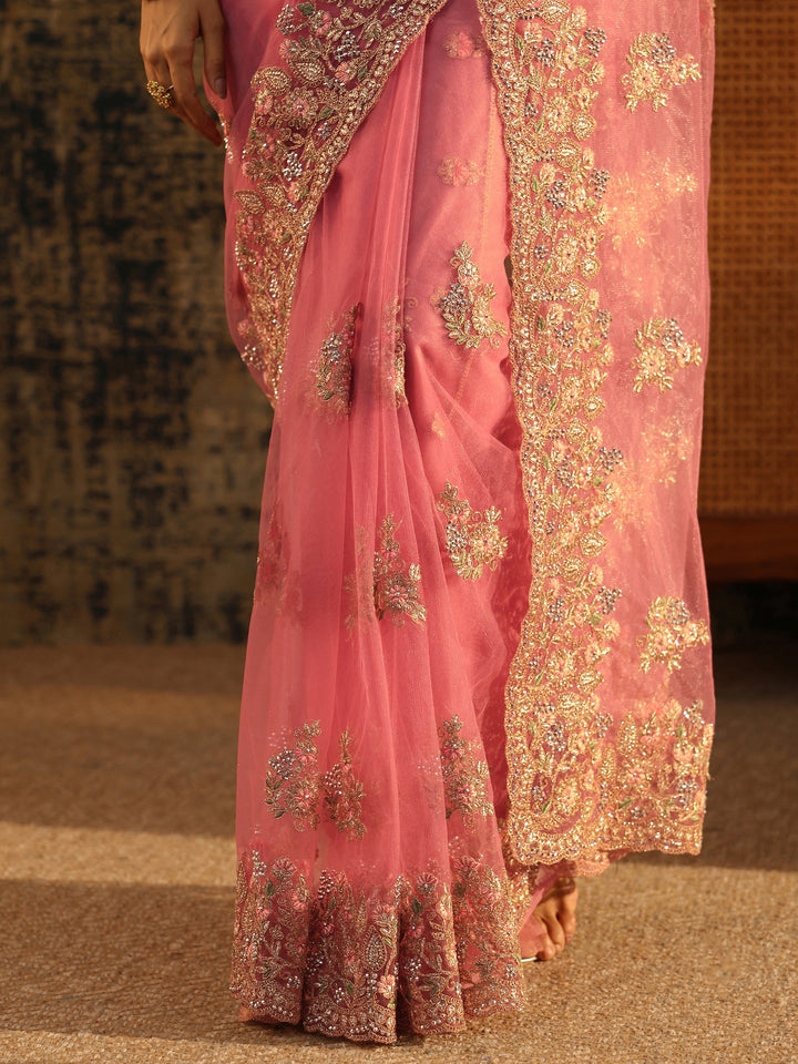 Libas Baby Pink Floral Embroidered Net Saree