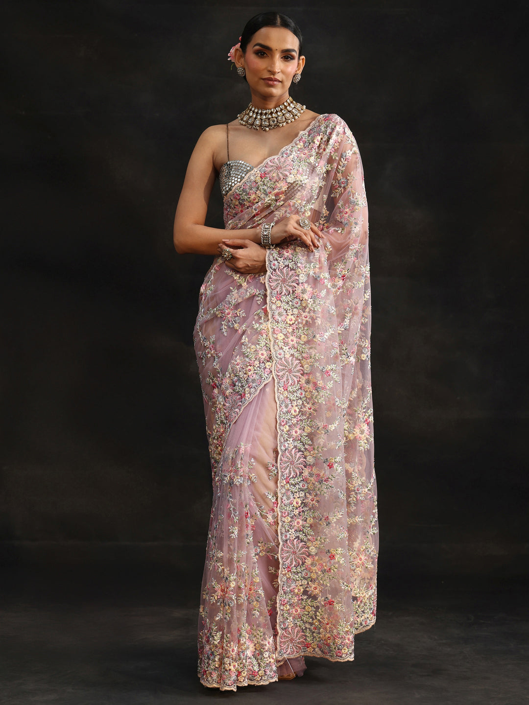 Libas Lavender Floral Embroidered Net Saree