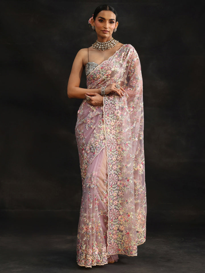 Libas Lavender Floral Embroidered Net Saree