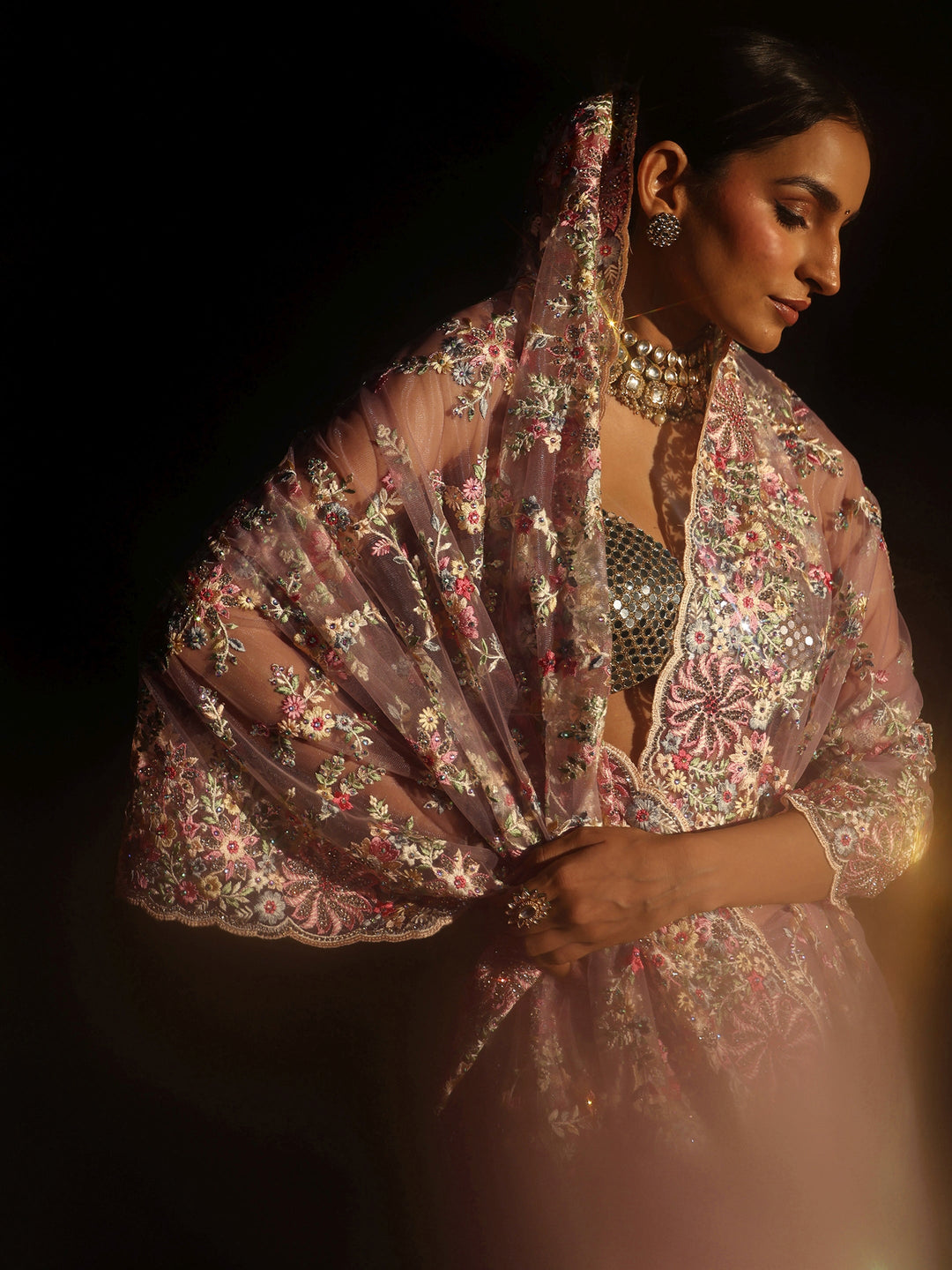 Libas Lavender Floral Embroidered Net Saree